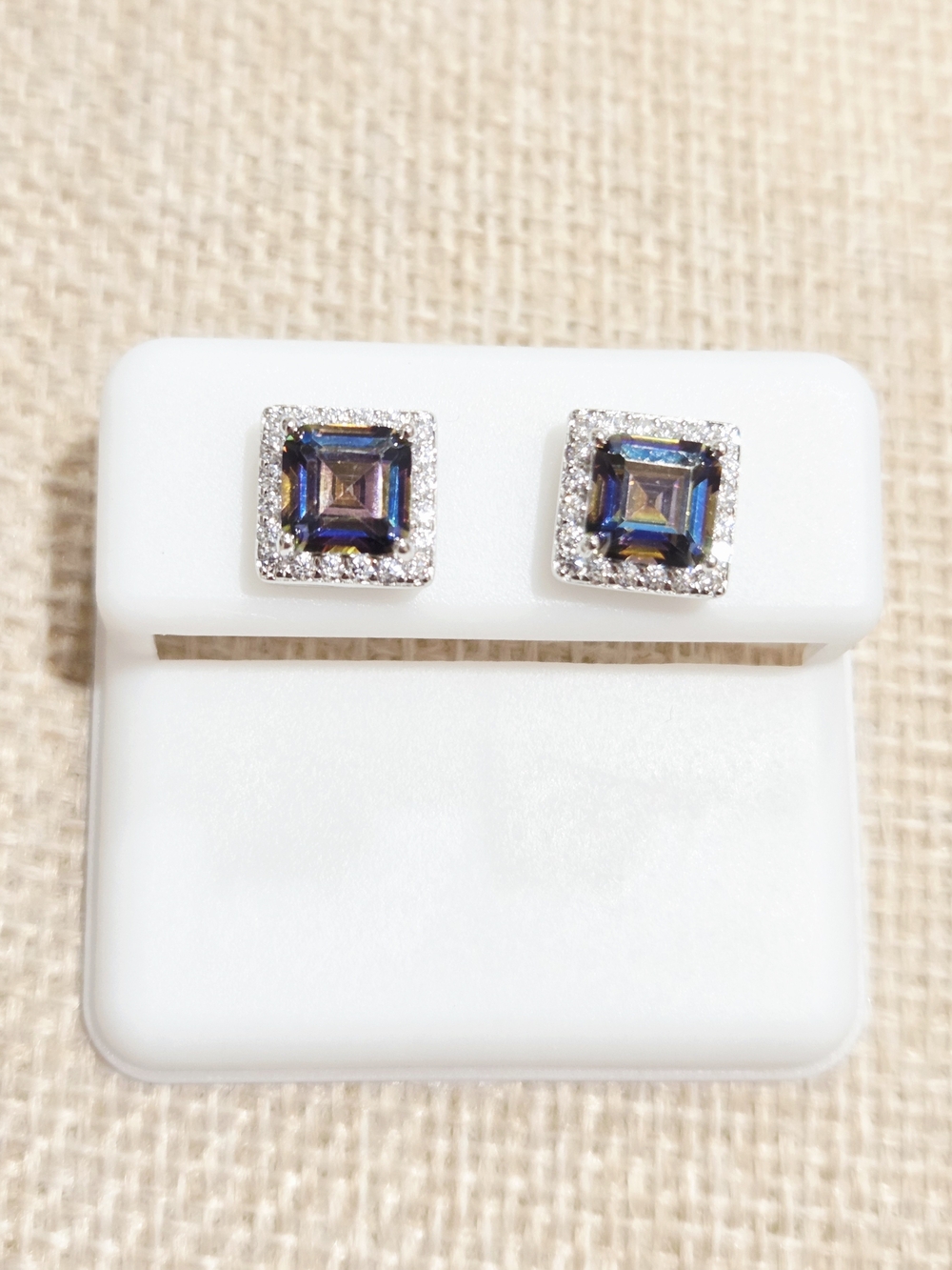 Mystic Topaz Blue Square Halo Stud Earrings - Silver